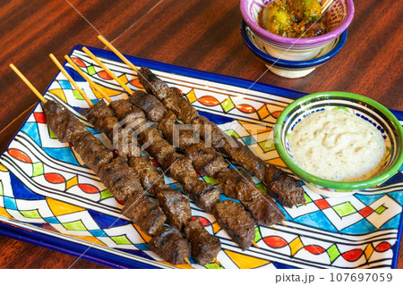 Moroccan Beef Kebab on Skewers, Traditional Arabian Food, Mutton Shashlik, Skewered Grilled Veal Meat 107697059