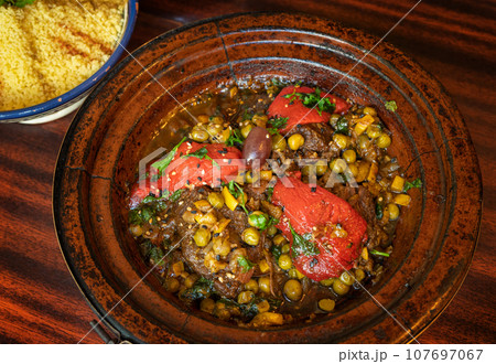 Moroccan Tajine Meat Stew, Traditional Morocco Tagine, Arabic Marqa, Moroccan Lamb Tagine Food Dish 107697067