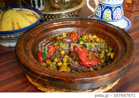 Moroccan Tajine Meat Stew, Traditional Morocco Tagine, Arabic Marqa, Moroccan Lamb Tagine Food Dish Moroccan Tajine Meat Stew, Traditional Morocco Tagine, Arabic Marqa, Moroccan Lamb Tagine Food Dish 107697071