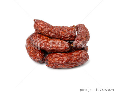 Dry Smoked Sausages Isolated, Salami Sticks, Kielbasa, Cabanossi, Kabanos, Dry Embutido, Chorizo, Bratwurst 107697074