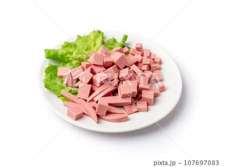 Diced Mortadella Slice Isolated, Luncheon Meat Cut, Chicken Ham Cubes, Boiled Sausage for Breakfast Diced Mortadella Slice Isolated, Luncheon Meat Cut, Chicken Ham Cubes, Boiled Sausage for Breakfast 107697083