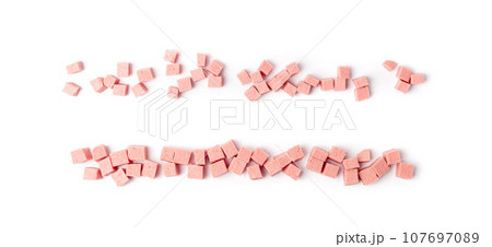 Diced Mortadella Slice Isolated, Luncheon Meat Cut, Chicken Ham Cubes, Boiled Sausage for Breakfast Diced Mortadella Slice Isolated, Luncheon Meat Cut, Chicken Ham Cubes, Boiled Sausage for Breakfast 107697089