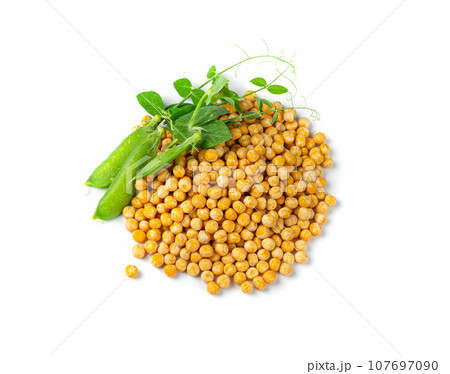 Dry Yellow Peas Isolated, Whole Pea Pile, Raw Legume, Dry Yellow Peas on White Background Dry Yellow Peas Isolated, Whole Pea Pile, Raw Legume, Dry Yellow Peas on White Background 107697090