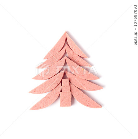 Mortadella Slice Isolated, Luncheon Meat Cut, Chicken Ham, Boiled Sausage for Breakfast 107697093