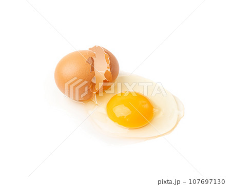 Broken Egg Isolated, Raw Yolk and White, Cracked Brown Shell, Fresh Broken Chicken Eggs on White Background 107697130