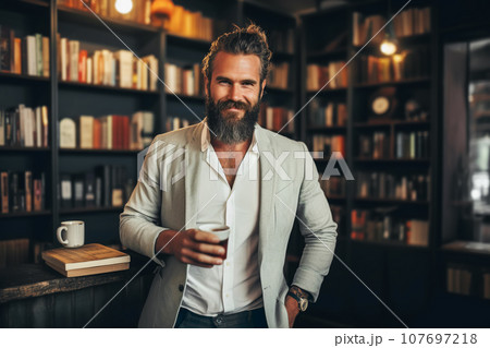 Brutal bearded man drinks cofee in bookstore 107697218
