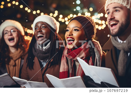 Multiracial choir carollers singing traditional Christmas carols outdoors 107697219