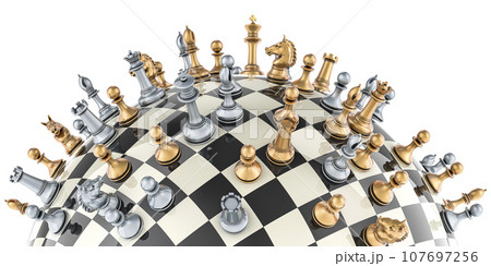 Chess board with chess pieces on checkered sphere, 3D rendering 107697256