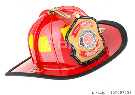 Red Firefighter Helmet, 3D rendering Red Firefighter Helmet, 3D rendering 107697258
