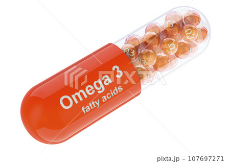Vitamin Omega 3, fatty acids, capsule. 3D rendering Vitamin Omega 3, fatty acids, capsule. 3D rendering 107697271