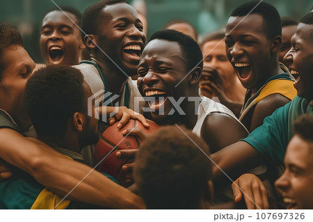Showcase the teamwork aspect of basketball or celebrating together after a successful play ai Showcase the teamwork aspect of basketball or celebrating together after a successful play ai 107697326