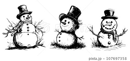 Snowmen engraved in sketch style. Hand drawn drawing with a snowman. Vector illustration. Snowmen collection, hand-drawn, not AI Snowmen engraved in sketch style. Hand drawn drawing with a snowman. Vector illustration. Snowmen collection, hand-drawn, not AI 107697358