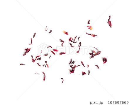 Dry Hibiscus Tea Isolated, Dry Rose Petals, Fruit Red Tea, Karkade Leaves, Dried Herbal Drink, Roselle Petal 107697669
