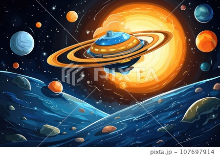 Spaceship rocket flies in space 107697914