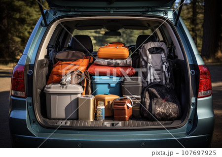 Open car trunk with luggage for camping 107697925