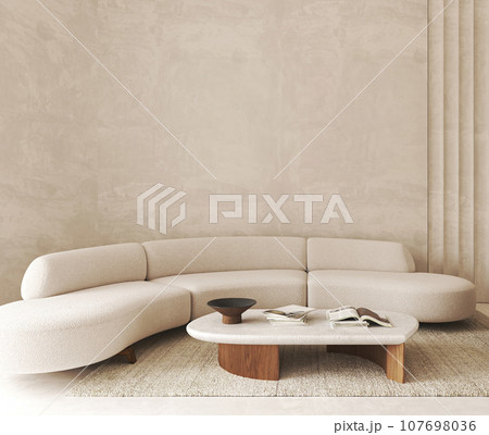 Boho beige livingroom with round sofa, vase and decor - books background. Light modern japanese nature view. 3d rendering. High quality 3d illustration 107698036