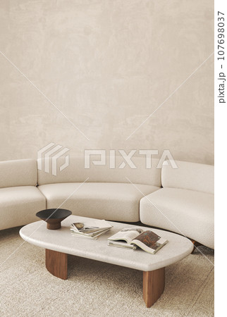 Boho beige livingroom with round sofa, vase and decor - books background. Light modern japanese nature view. 3d rendering. High quality 3d illustration 107698037