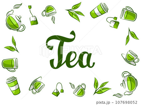 Background with green tea. Illustration with tea and accessories, packs and kettles. 107698052