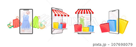 Online Shopping and Purchase with Smartphone Screen Vector Set 107698079
