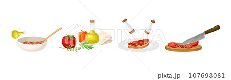 Bruschetta Appetizer Cooking and Preparation Process Vector Set Bruschetta Appetizer Cooking and Preparation Process Vector Set 107698081