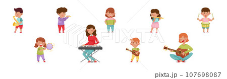 Funny Kid Characters Playing Musical Instruments at Music Lesson Vector Set 107698087