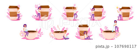 People Coffee Lovers with Huge Cup Enjoying Hot Drink Vector Set People Coffee Lovers with Huge Cup Enjoying Hot Drink Vector Set 107698117