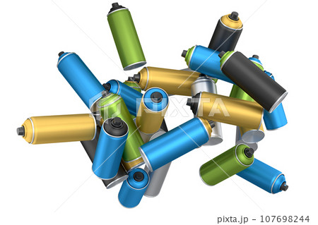 Lots of flying spray paint cans on white background. Spray bottle and dispenser 107698244