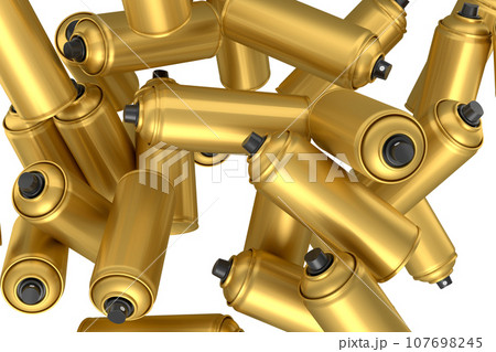 Lots of flying spray paint cans on white background. Spray bottle and dispenser 107698245