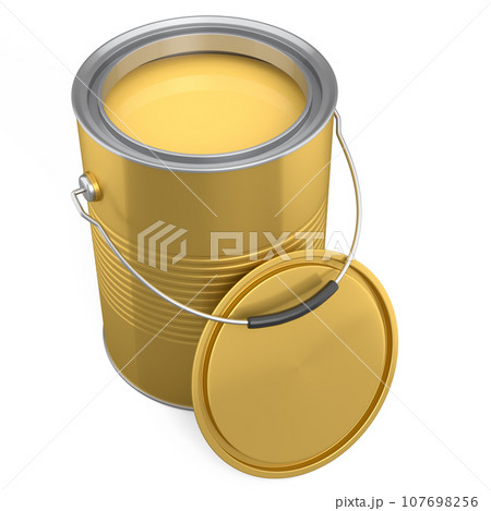 Open metal can or buckets of paint with handle on white background. 107698256