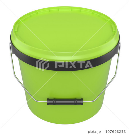 Closed plastic can or buckets of paint with handle on white background. 107698258