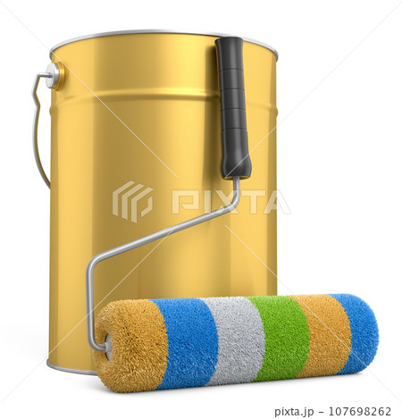 Open metal can with paint roller for painting walls on white background. Open metal can with paint roller for painting walls on white background. 107698262