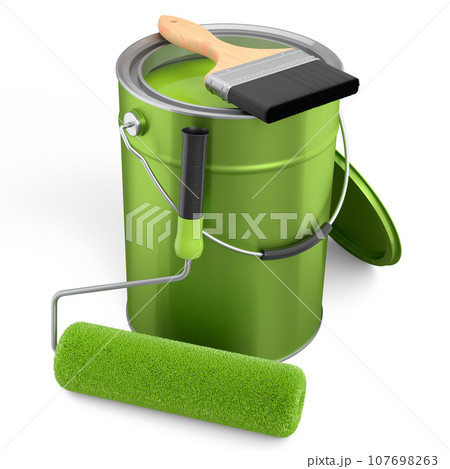 Open metal can with paint roller and bristle brush on white background. Open metal can with paint roller and bristle brush on white background. 107698263