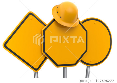 Set of safety helmet or hard hat on road traffic signs on pole on white. Set of safety helmet or hard hat on road traffic signs on pole on white. 107698277