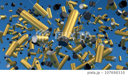 Lots of flying spray paint cans on blue background. Spray bottle and dispenser 107698310