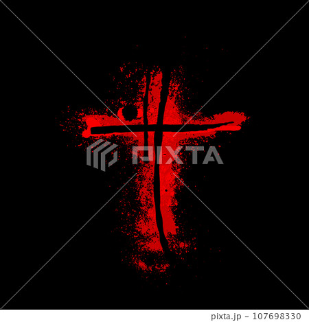 Red religious cross on a black background. bloody cross, hand drawing. Not AI, Illustrat3. Vector illustration 107698330
