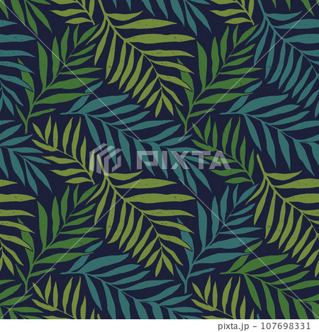 Seamless vector pattern palm dypsis leaves. Summer palm leaves tropical fabric design. Dypsis lutescens seamless pattern. 107698331