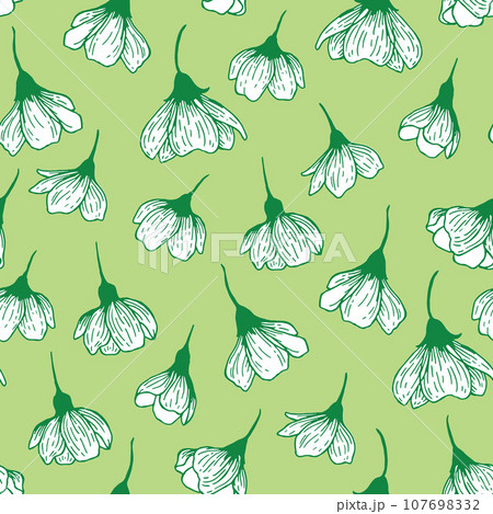 White flowers falling flowers on green background seamless vector pattern. Cute floral print White flowers falling flowers on green background seamless vector pattern. Cute floral print 107698332