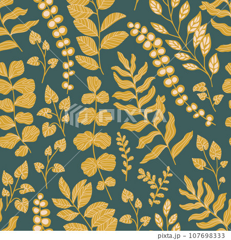 Botany golden leaves vector background. Creative texture for fabric, textile, design and fashion prints. Botany golden leaves vector background. Creative texture for fabric, textile, design and fashion prints. 107698333
