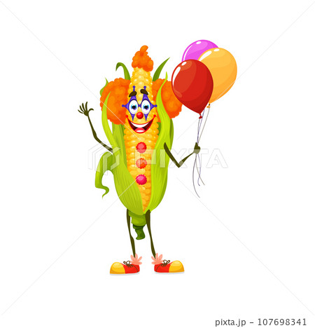 Cartoon Halloween corn clown character. Whimsical vegetable comedian wear bright costume and wig hold balloons. Isolated vector funny harlequin personage celebrate party rejoice in holiday atmosphere Cartoon Halloween corn clown character. Whimsical vegetable comedian wear bright costume and wig hold balloons. Isolated vector funny harlequin personage celebrate party rejoice in holiday atmosphere 107698341