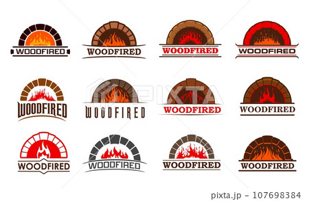 Firewood fireplace, chimney and woodfired hearth vector icons of fire in brick oven. Pizzeria, restaurant or grill bar and bakery woodfired signs of fireplace and firewood with chimney and fire flames 107698384