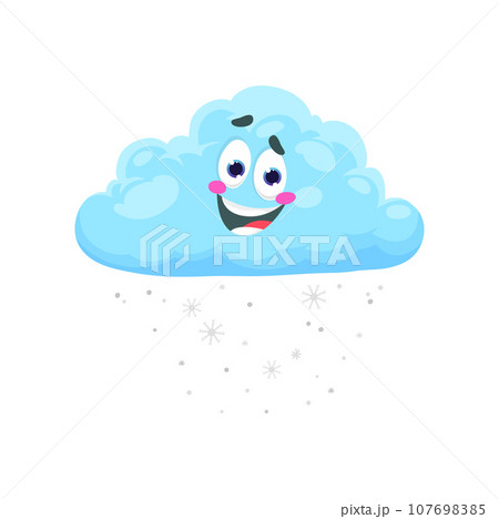 Cartoon winter snow weather character. Isolated vector cute and fluffy cloud with falling snowflakes and friendly smiling face expression. children book, game or meteorology forecast related personage 107698385