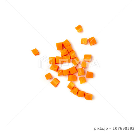 Fresh Diced Carrot, Raw Carrot Cubes Closeup, Chopped Orange Root Vegetable, Diced Carrots Pile 107698392