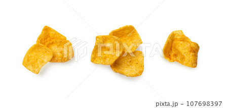 Lentil Chips Isolated, Lentils Crisps, Healthy Orange Snack, Fried Organic Crunchies, Lentil Chips on White 107698397