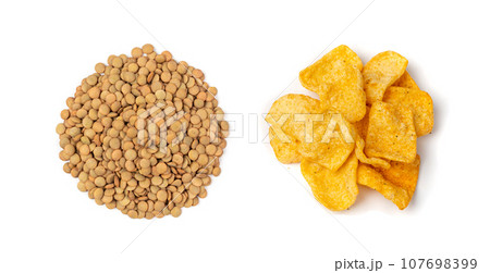 Lentil Chips Isolated, Lentils Crisps, Healthy Orange Snack, Fried Organic Crunchies, Lentil Chips on White 107698399