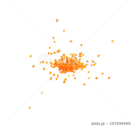 Fresh Diced Carrot, Raw Carrot Cubes Closeup, Chopped Orange Root Vegetable, Diced Carrots Pile 107698400