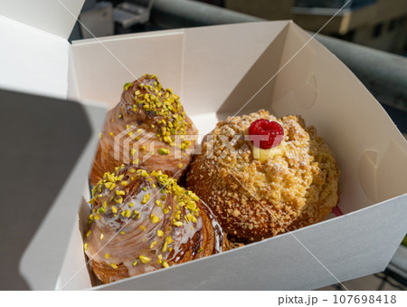 Doughnuts in Paper Box, Fruit Raspberry Donut, Pistachio Croissant Collection 107698418