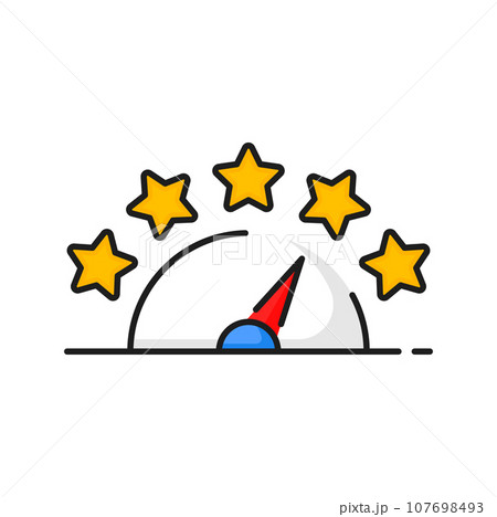 Quality rating scale icon with rank stars and arrow. Vector customer satisfaction or client feedback rating level meter with color line five star grade scale from low to best or high ranking Quality rating scale icon with rank stars and arrow. Vector customer satisfaction or client feedback rating level meter with color line five star grade scale from low to best or high ranking 107698493