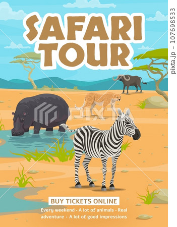 Safari tour flyer. Cartoon african animals. African travel advertising flyer, safari adventure promo vector poster or banner with hippopotamus, zebra, cheetah and buffalo african savannah animals 107698533