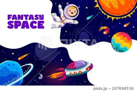 Space landing page, cartoon kid astronaut in spaceship and space planets, vector website template background. Galaxy rockets and alien planets, kid spaceman in space or spaceflight to galactic stars 107698536