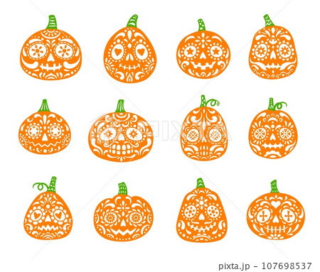 Halloween or Dia de Los Muertos party mexican pumpkin characters. Pumpkin ornate faces, Halloween holiday Jack o lanterns carvings or Mexican Day of the Dead isolated vector smiling sugar skulls set Halloween or Dia de Los Muertos party mexican pumpkin characters. Pumpkin ornate faces, Halloween holiday Jack o lanterns carvings or Mexican Day of the Dead isolated vector smiling sugar skulls set 107698537